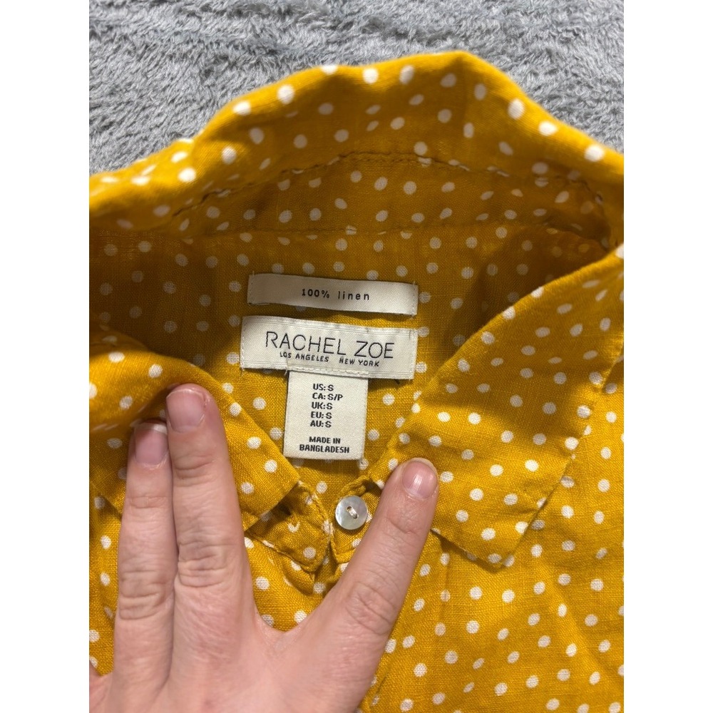 Rachel Zoe Linen Blouse Women Small Yellow Polka Dot Button Front Short Sleeve - Picture 6 of 9